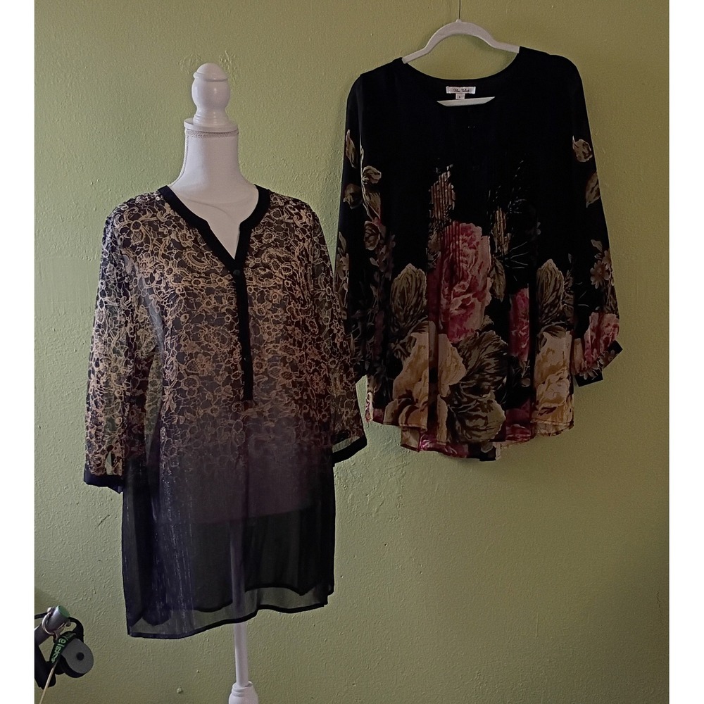 Literary Chic Dark Moody Academia Sheer Blouse Bundle Floral  Black Size L/ 14